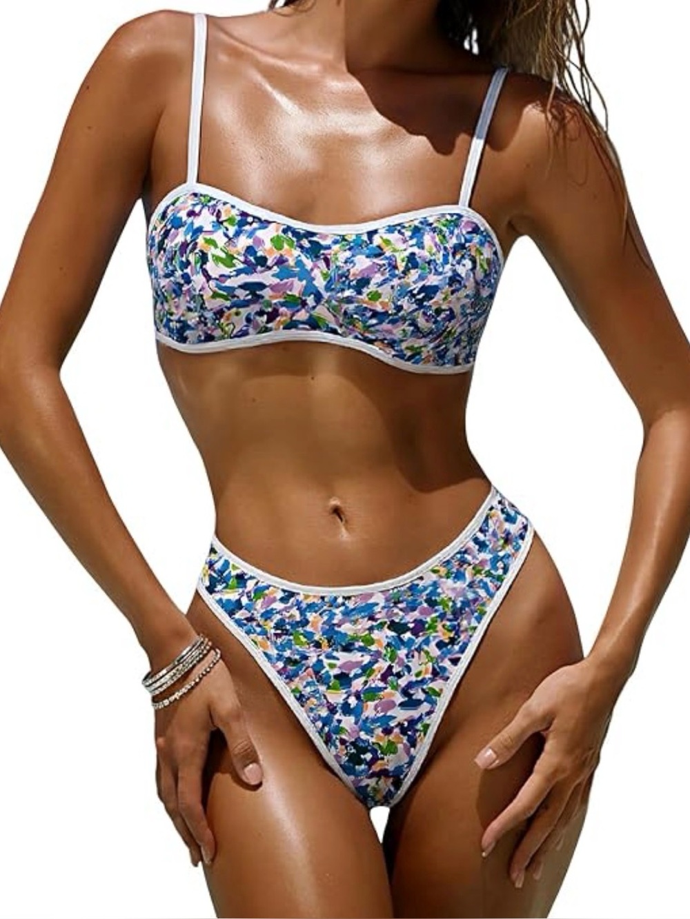 OWICA two-piece bandeau bikini featuring a vibrant abstract blue and purple